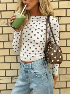 Polka Dot Slim Fit Long Sleeve Top, Stylish Basic Tee for Daily Wear, Comfortable and Versatile Clothing Piece, Perfect for Layering
