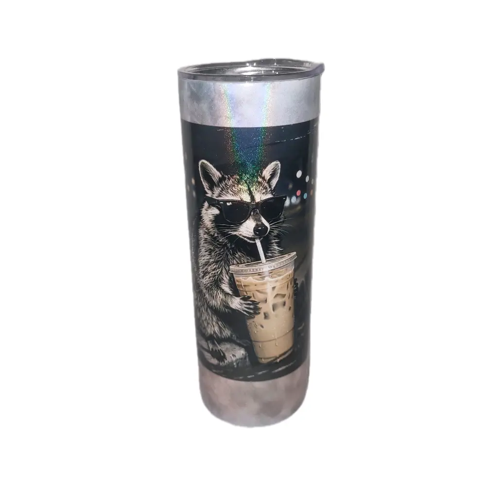 Iced Coffee Racoon 20oz Shimmer Skinny Tumbler With Reuseable Straw