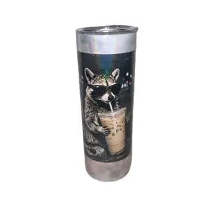 Iced Coffee Racoon 20oz Shimmer Skinny Tumbler With Reuseable Straw