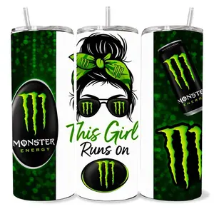 This Girl Runs on Monster Energy 20 oz Tumbler - BPA Free, stainless steel, Leak proof, durable, with clear lid