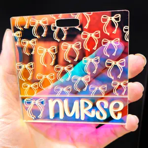 Coquette Iridescent Badge Buddy - Nurse Badge Buddy - Xray Badge Buddy -  Laser Engraved 1/8 inch iridescent acrylic - Customize with your own title