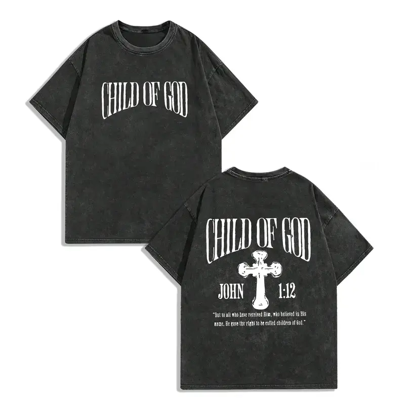 Vintage Black Acid-Washed Oversized Heavy Cotton Crewneck T-Shirt, Front Curved Child Of God Gothic Letter & Back Cross John 1:12 Bible Quote Dual-Sided Graphic Print, Loose Drop-Shoulder Unisex Casual Tee, Retro Christian Streetwear, Faith Religious Gift