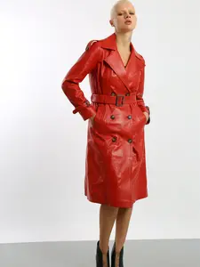 Women Red Lambskin Leather Trench Coat