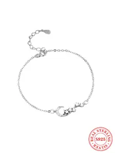 Women's S925 Silver Star Moon Charms Bracelet, Artificial Zircon Inlay, Casual Style Jewelry Accessory for All Seasons, Lightweight Design
