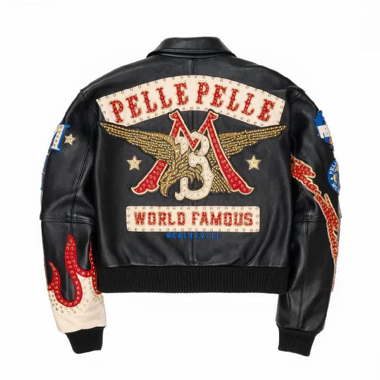 American Vintage Embroidered Faux Leather Jacket Mens Hip Hop Motorcycle Jacket Rivet Patch Eagle Pattern Flame Embroidery Y2K Style