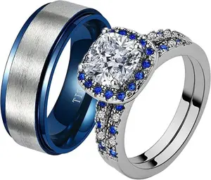 2 Rings His and Her Ring Couple Rings Matching Ring 1ct AAA CZ Womens Wedding Ring Sets Titanium steel Mens Wedding Bands