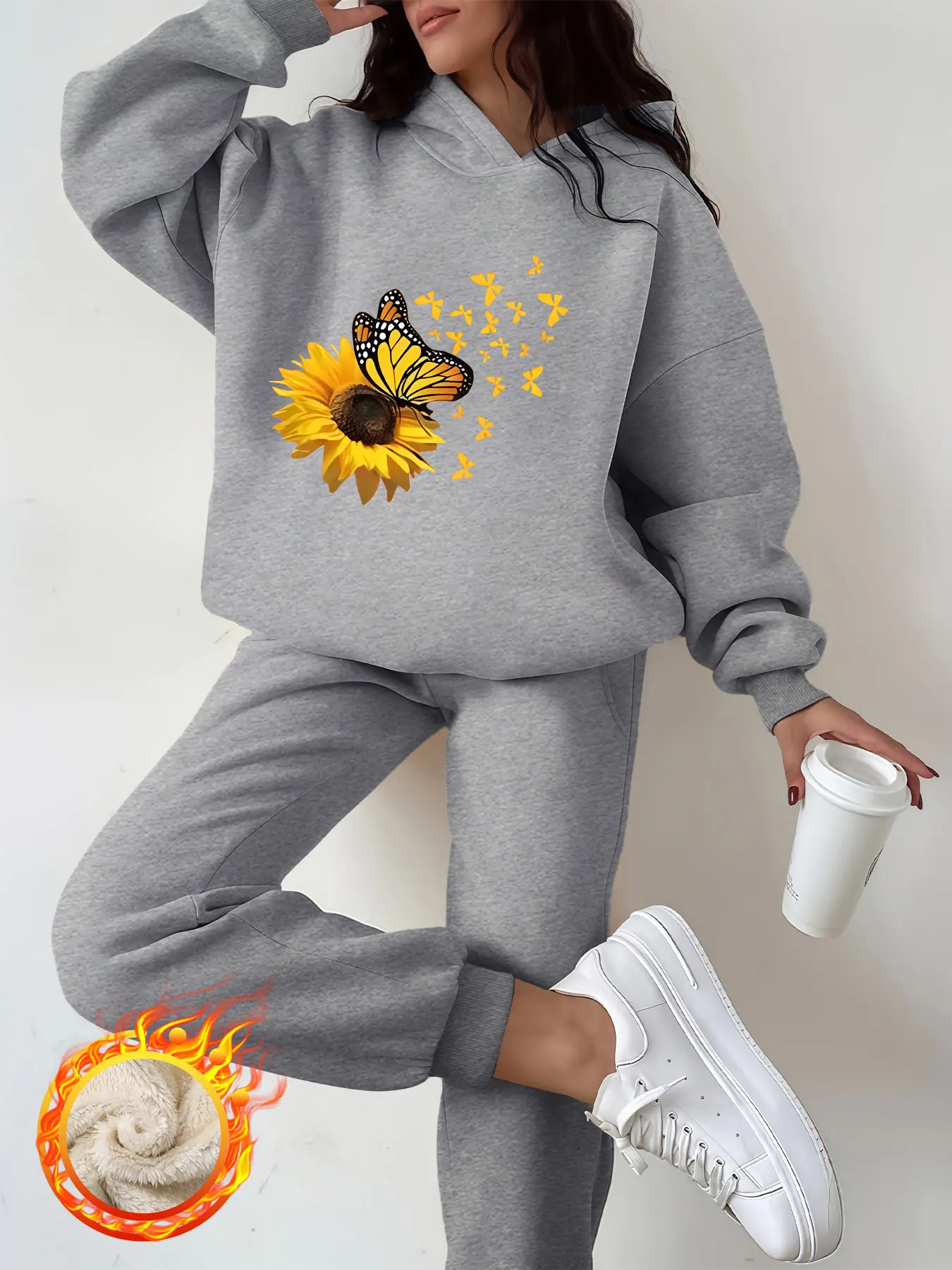 Women's Hooded Sweatshirt Set, Sunflower Butterfly Print, Thick Fleece Lined Long Sleeve Pants, Casual Fall Winter