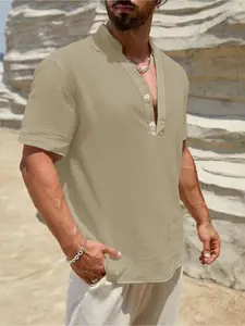 Men's Casual Trendy V Neck Long Sleeve Linen Henley Shirt, Breathable Relaxed Fit Top for Everyday Wear,Perfect Fit Design for Modern Male