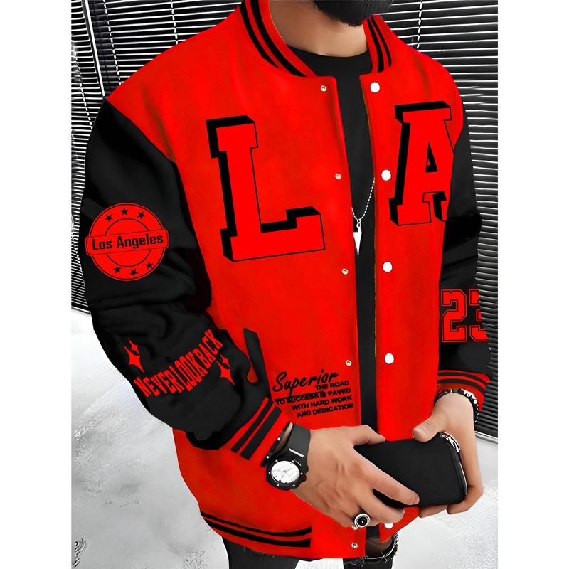 Men's Los Angeles LA Baseball Jacket Red Black with White Lettering SUPERIOR QUALITY Embroidery Lightweight Warm Polyester Varsity Coat Snap Button Closure Machine Washable Hip Hop Rock Style Urban Streetwear Casual Outerwear Comfortable for Daily Wear