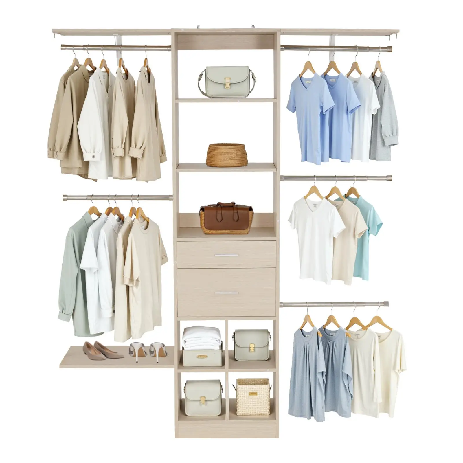 VEVOR Sturdy Freestanding Wooden Closet System with Wooden & MDF Panels, 18.1-31.9 in Height Adjustable Wardrobe Organizer for Bedrooms, Laundry Rooms, Walk-in Closets, 2 Drawers & 5 Retractable Hanger Rods, Grey