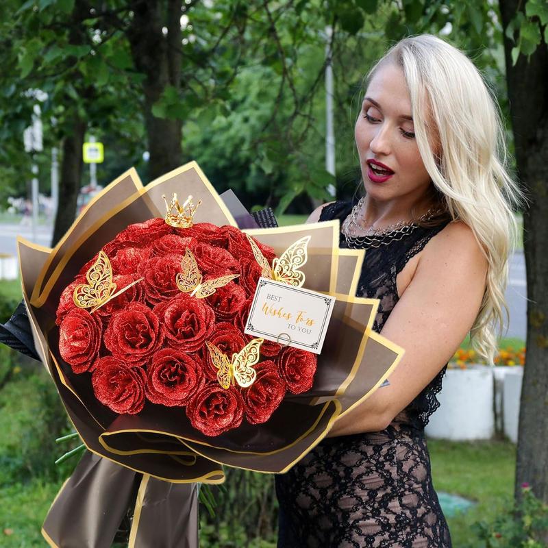24Pcs DIY Glitter Roses Bouquet – Shiny Artificial Red Roses Bouquet Fake Rose Birthday，Anniversary, Engagement, Wedding, Gifts for Women DIY Decorations Gift Set
