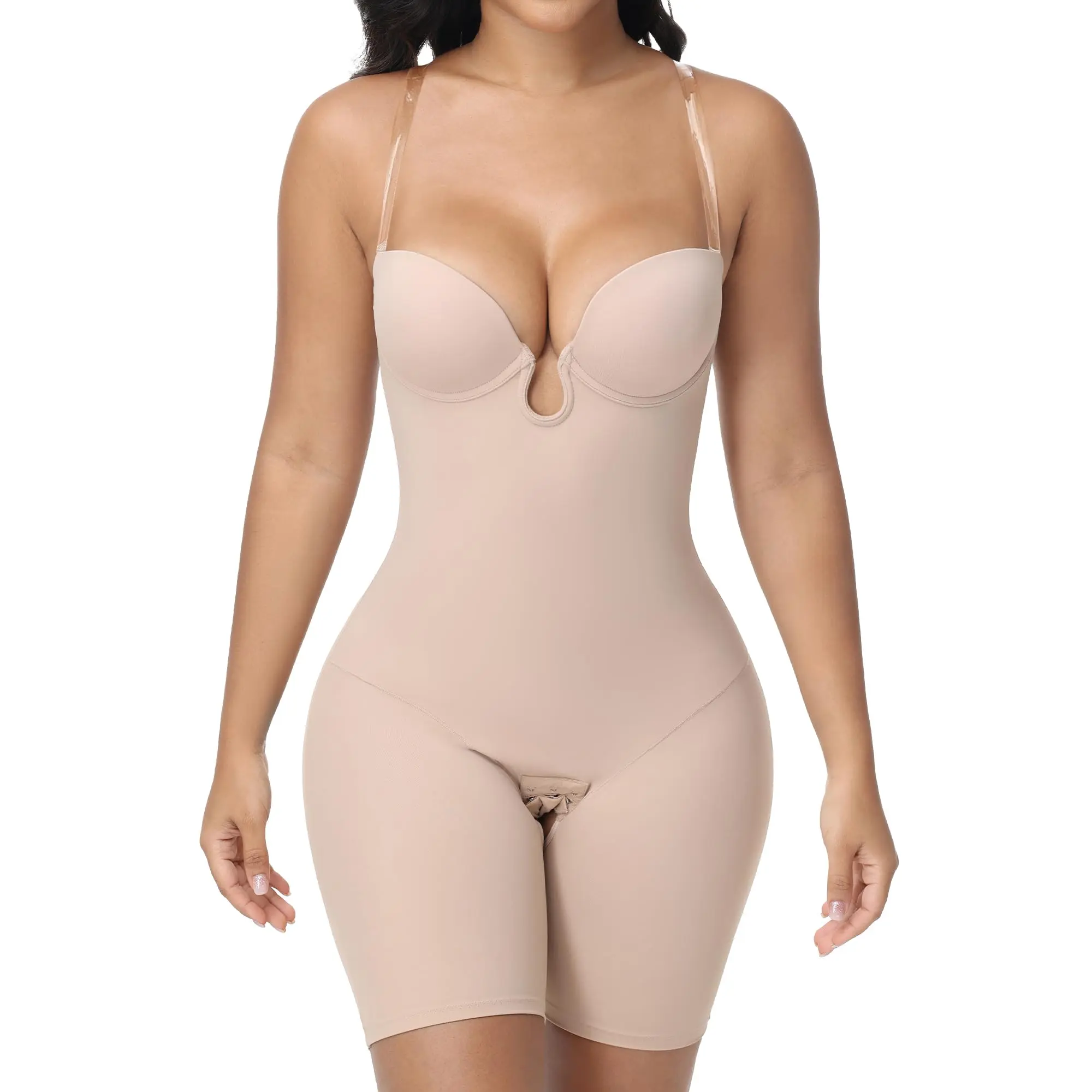 COOSHAPE Strapless Shapewear for Women Backless Bodysuit Tummy Smoothing Built-in Bra Low Back Deep U Plunge Body Shaper