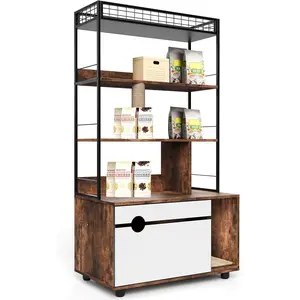 Hidden Cat Litter Box Enclosure Furniture with 4-Tier Shelves and Scratching Post, 2-in-1 Large Wooden Cat Litter Box Cabinet, Brown