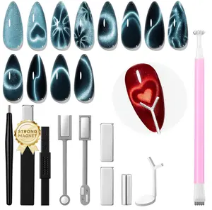 modelones Cat Eye Magnet Set, Heart Nail Art Tool Strong Magnetic Pen Double Head Round Magnets Stick Wand Diverse French Moon Floral Cateye Effect DIY Professional Manicure Gift for Women
