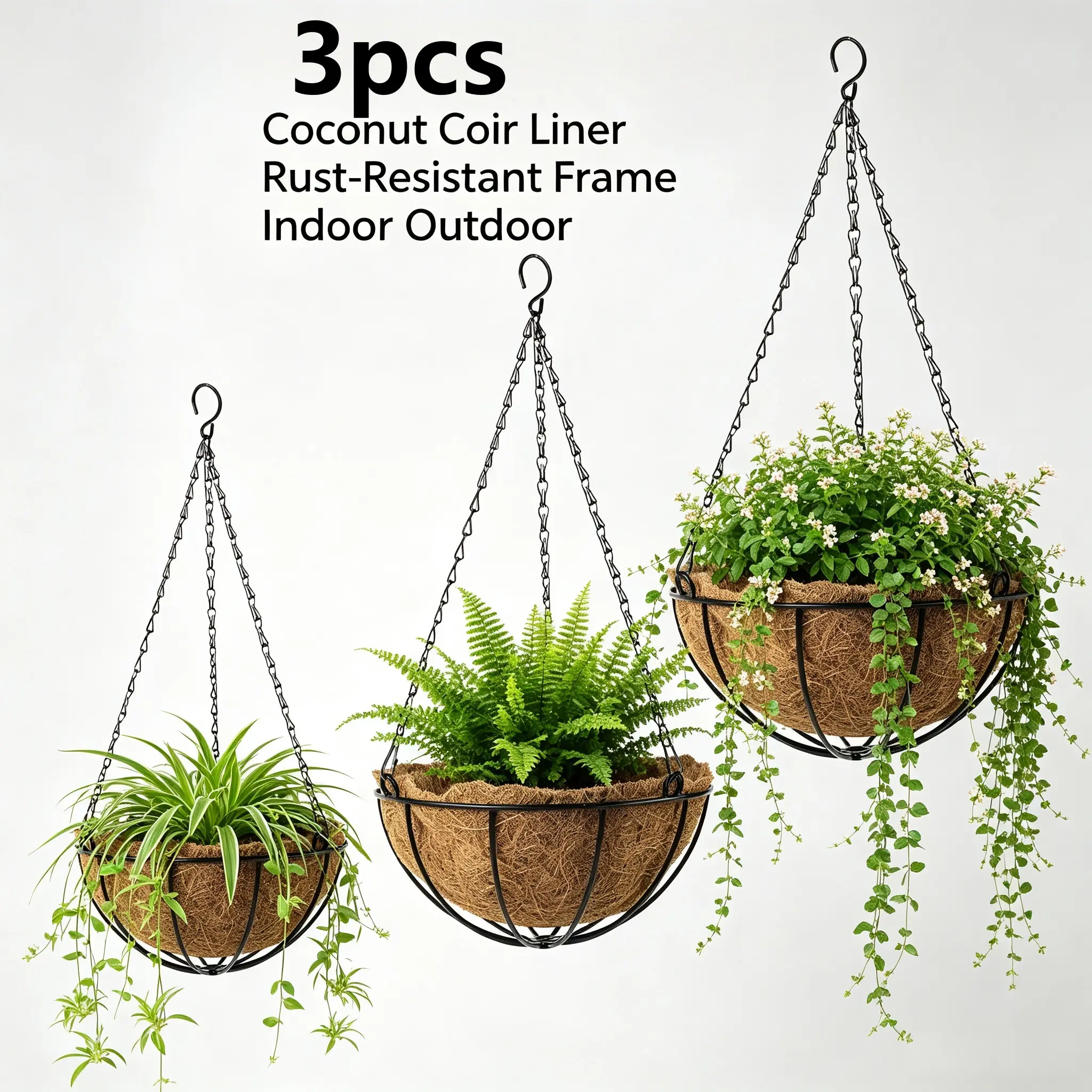 3-Pack Metal Hanging Baskets (3pcs) - 10.2in Round Anti-Rust Wire Planters with Chain Hooks, Breathable Natural Coco Coir Liners, 3-Pack Value for Indoor-Outdoor Front Porch Garden Decor