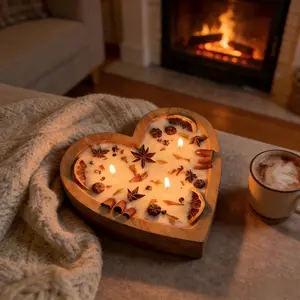 Large Heart Wooden Dough Bowl Candle, Orange Spice Soy Wax, 3 Cotton Wicks, Romantic Heart Decor, Perfect Gift for Special Occasions ️