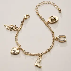 Western Charm Bracelet - Cowboy Boot Hat Horseshoe Cactus & Heart Charms Double Layered Chain Links Adjustable Lightweight Accessory