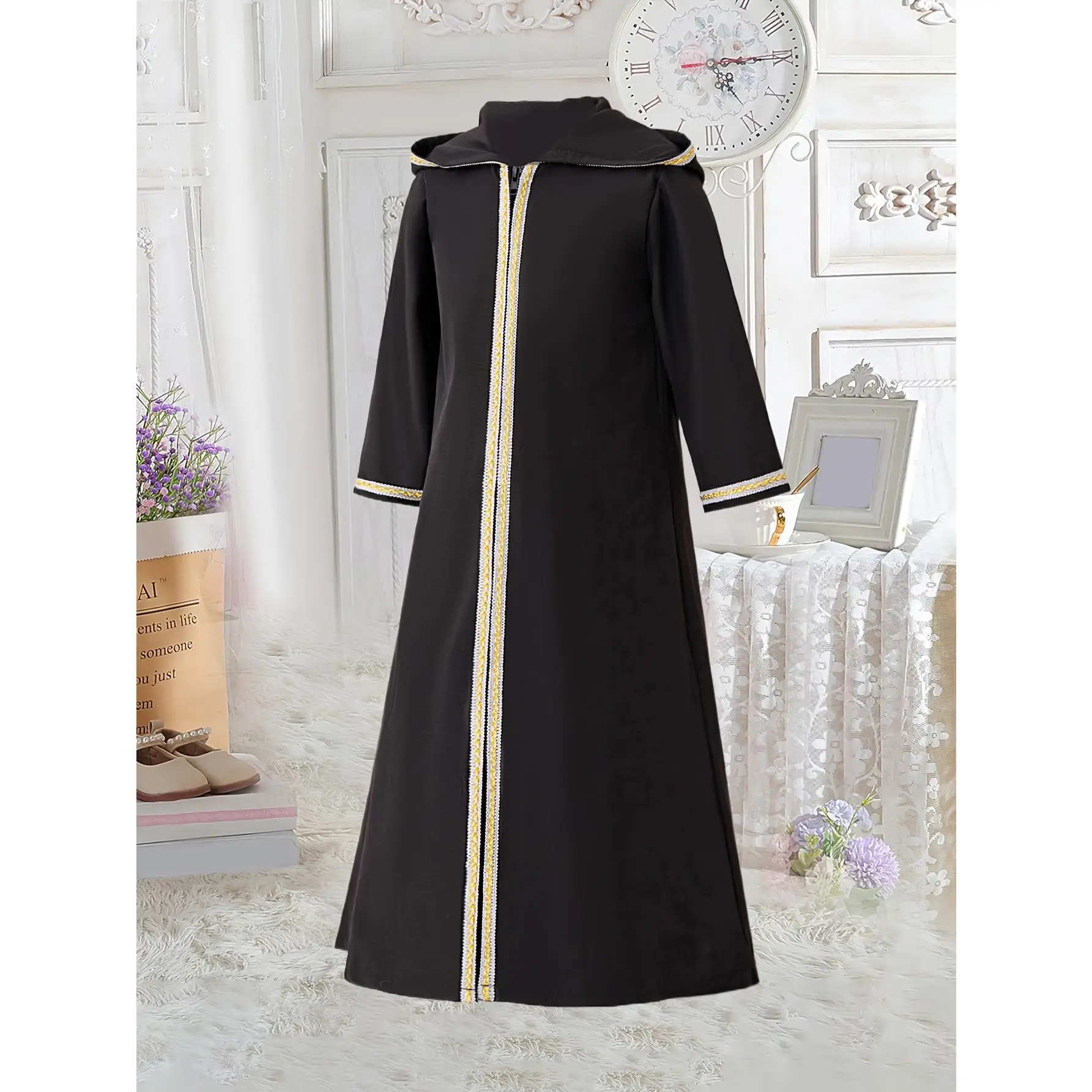 New Girls' Black Hooded Festival Carnival Party Performance Dress Middle East Muslim Youngsters's Ramadan Long Sleeve Robe, Gift for Eld, Gift for Ram