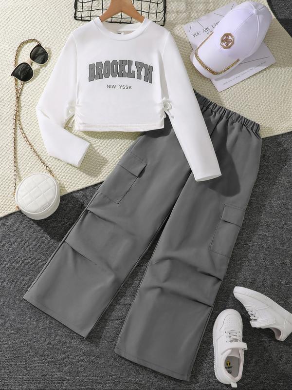 Girls' Letter Print Long Sleeve Top & Army Cargo Pants Set, Clothes, Casual Fall Winter, Fitted Woven Fabric, Daily Wear