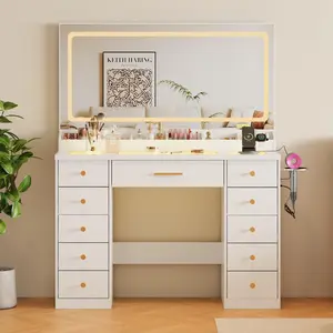 11-Drawer Makeup Vanity Desk Set with RGB Drawers, Transparent Glass Top, Lighted Mirror, Power Outlet & 3 Color Options for Bedroom [DealsForYouDays]