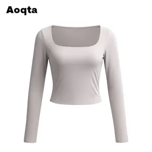 Aoqta Women's Square Neck Long Sleeve Crop Top Slim Fit Stretchy Workout Yoga Casual T-Shirt for Daily Gym Streetwear