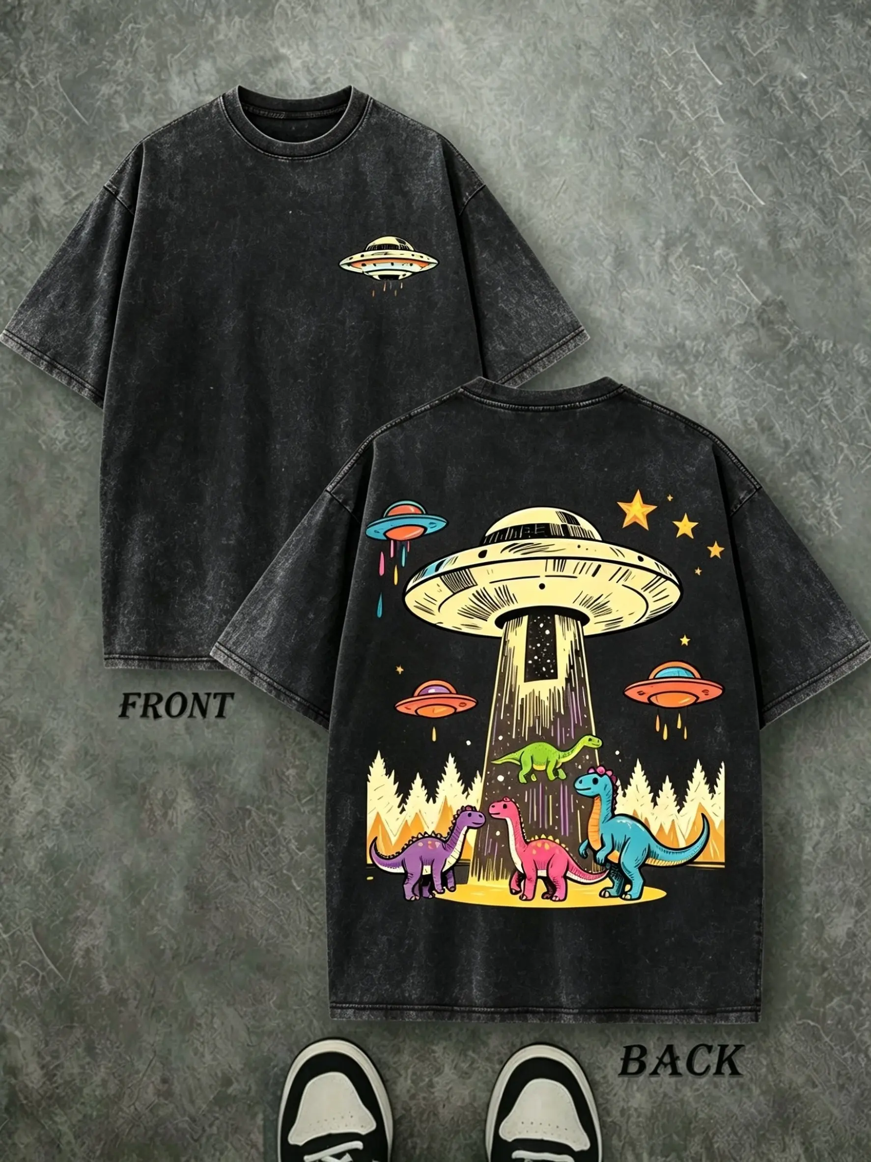Vintage UFO Abducting Dinosaurs Front Back Double Print T-Shirt, Washed Black Oversized Cotton Crewneck Tee, Retro Alien Spaceship Dinosaur Forest Star Outer Space Funny Meme Streetwear Gift Top