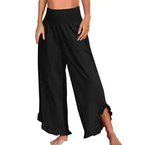 Women's Straight-Leg Pants with Smocked Waist, Ruffled Cuffs, Loose Fit — Casual Beachwear