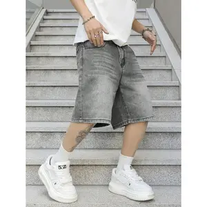 (Gold promotion)Manfinity Hypemode Men's Pockets Loose Wide Leg Casual Versatile Denim Shorts Grey Jean Shorts Men