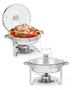 GARVEE Set of 2 Stainless Steel 5 QT Round Buffet Servers with Glass Lid, Holder & Drip Tray - Food Warmers for Catering, Parties, Weddings, and Banquets in Silver