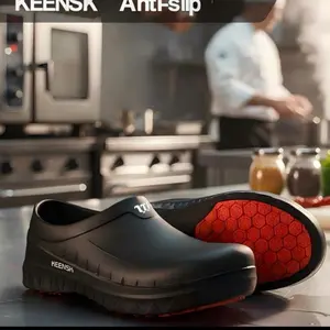 Keensk Anti-Slip Chef Shoes - Comfortable Black Clogs with Red Hexagon Sole for Kitchen Use