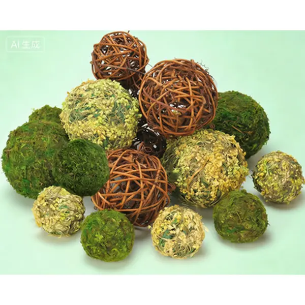 18-Piece Country Rustic Farmhouse Decorative Balls Centerpiece Bowl Filler Set - Mixed Sizes Fake Moss, Wicker Rattan Balls, Nature-Inspired Fresh Green & Rustic Brown, Long-Lasting Reusable Home Wedding Ornaments Supplies, Moss/Rattan, 9Cm / 3.5 Inches
