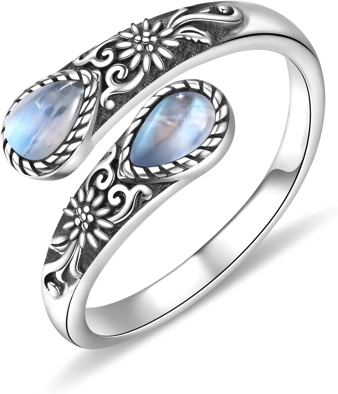 Women's Vintage Daisy Adjustable Female Ring - Boho Turquoise-Moonstone Open Band, Geometric Motif Half Eternity Floral Statement Jewelry, Daily Wear Gift