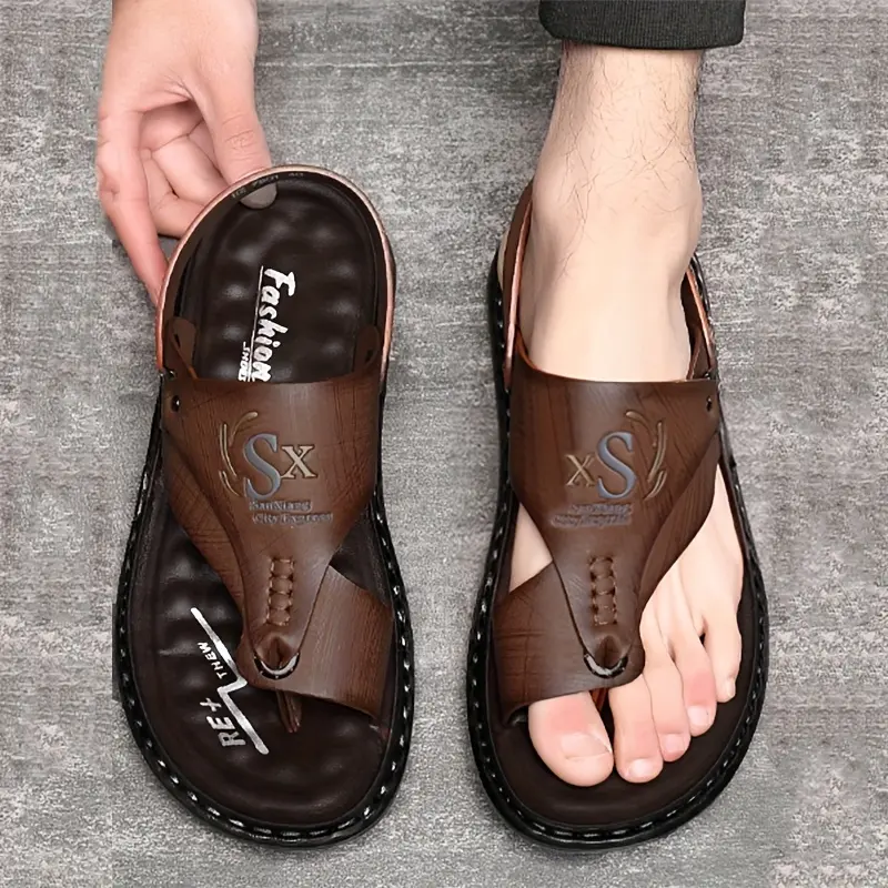 Men's Solid Color Flat Slide Slippers, Breathable PU Leather Fashion Footwear with a Soft Non-Slip Sole for Summer Outdoor and Beach Wear, Flat Slide Men's Fashion Slippers, Non-Strap Men's Fashion Slippers