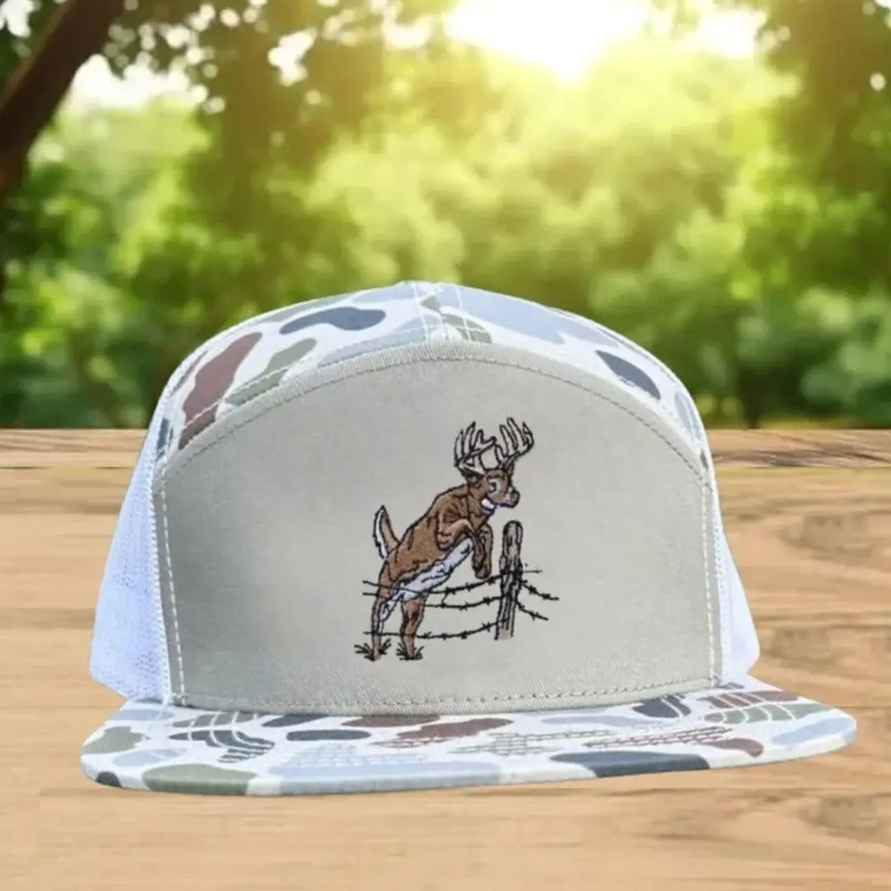 Deer Hunting 7 Panel Hat | Fence Jump Embroidery Design | Bottomland Camo Flat Bill Trucker Cap | Hunting Mesh Snapback