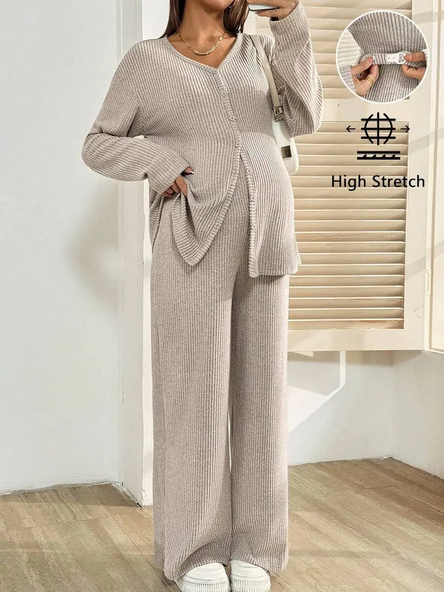 2pcs Maternity Casual Solid Color Button Front Top And Pants Set, Autumn Knit Two Piece Women Comfy Modest Clothes Suits Comfortable Fall