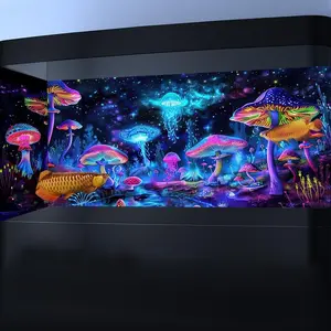 48X20IN Blacklight Mushroom Jellyfish Aquarium UV Reactive Starry Sky Terrarium Background with 10 EVA Double-Sided Tape