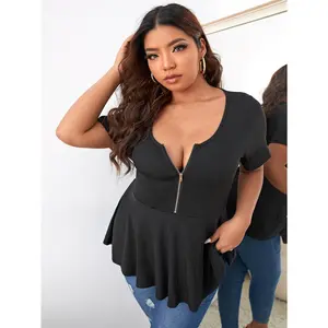 Plus Size Half Zip Ruffle Hem Scoop Neck Casual Short Sleeve Tee