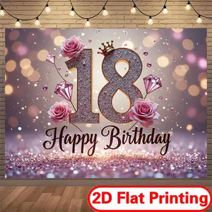 2D Flat Printed Polyester Party Banner Backdrop Set - Glittered 18th Birthday Design with Roses, Diamonds, Sparkly Elements for DIY Party Decoration, Home & Festive Supplies,summerwins