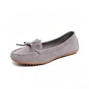 Women's Gray Suede Bow Moccasin Loafers, Comfortable Slip-On Flats, Non-Slip Driving Shoes, Casual Work & Daily Wear, Lightweight Soft Sole Round Toe Boat Shoes for All-Day Comfort