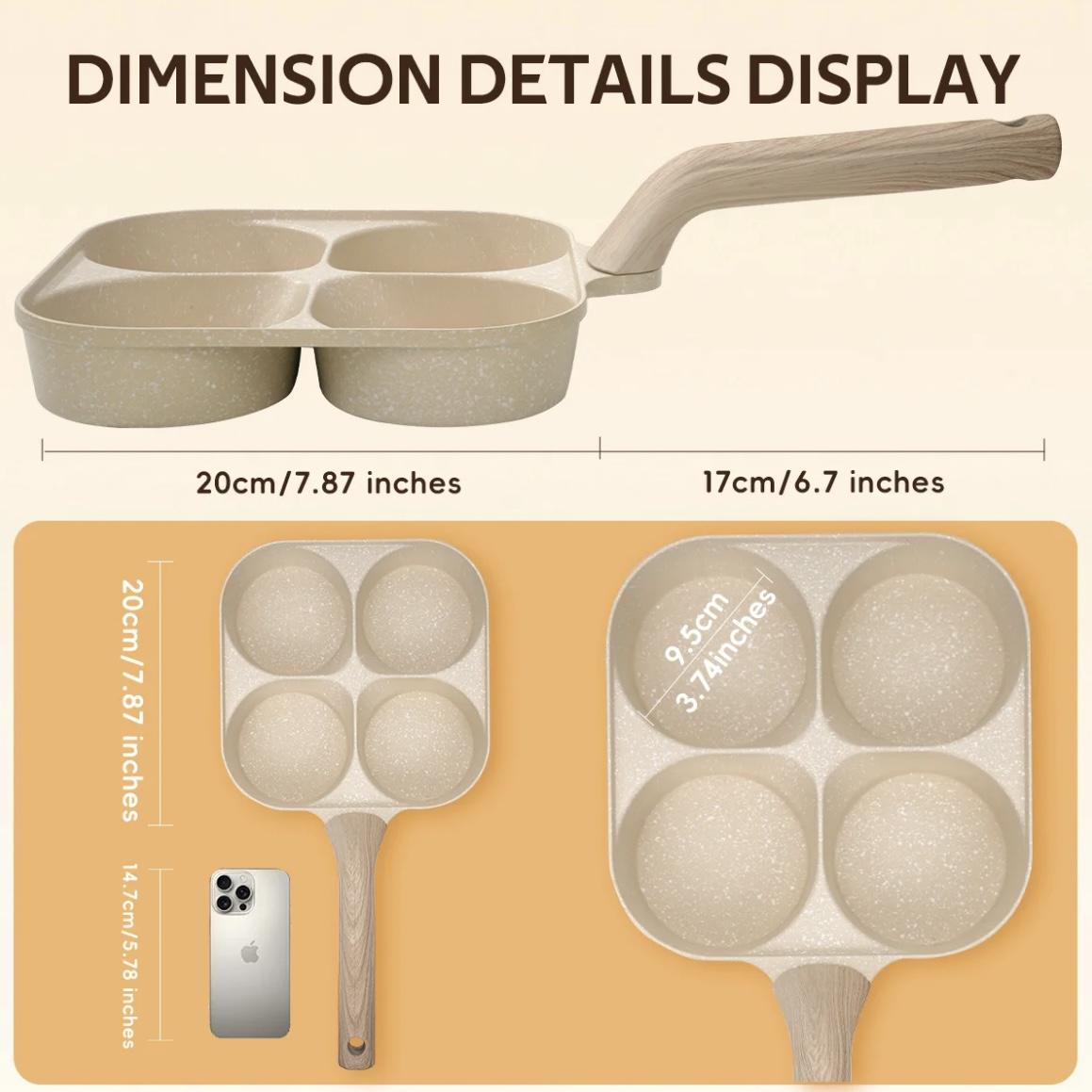 Non-Stick Egg Frying Pan with 4-Hole Skillet Design, Multifunctional Omelet Pan with Wooden Handle, Medical Stone Nonstick Cookware for Eggs, Pancakes & Breakfast, Easy to Clean, Durable Kitchen Frying Pan