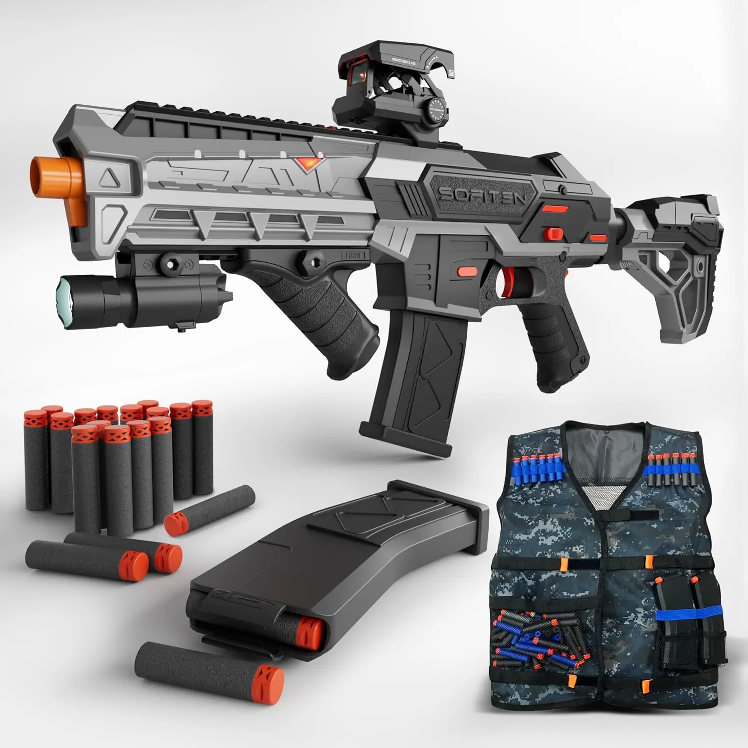 SOFITEN Automatic Toy Gun with Adjustable Scope, Electric Toy Sniper Rifle Foam Dart Blaster with Vest, Flashlight, Grip, Indoor Outdoor Shooting Games Gifts for Boys, Adults Birthday Christmas
