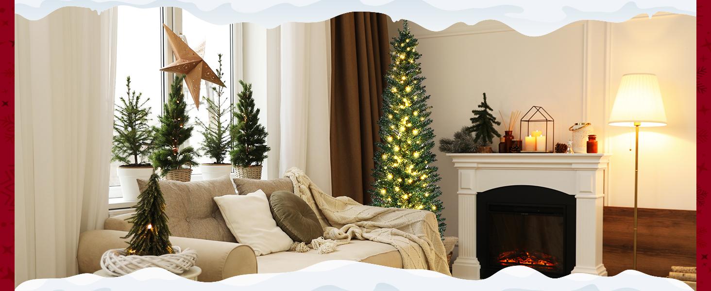 HOMCOM 6ft/7ft Pre-Lit Slim Noble Fir Artificial Christmas Tree with Warm White LED Lights, for Christmas Decoration