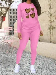 Women's Valentine's Day Love Print Casual Sportswear Set, Fashionable Long Sleeve Top & Tight Pants, Regular Fit, Fall&winter, Athletic Activewear Tracksuits