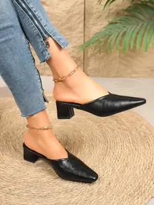 Pure Color PU Leather Square Toe Chunky Heel Sandals, Backless Mule Shoes for Work Commute, Slimming Single Shoe Style