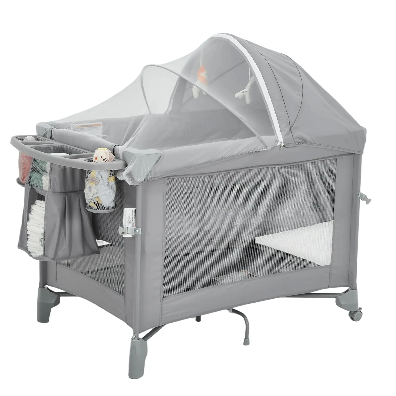 5-in-1 Baby Playard with Bassinet & Diaper Changing Table, Portable Foldable Nursery Center with Mosquito Net & Hanging Toys, All-in-One Travel Playpen for Infants and Toddlers