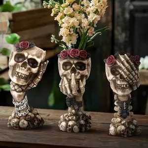 Hear No Evil See No Evil Speak No Evil Skull Flower Vase Decor, Creative Handheld Skeleton Vase Ornament, Gothic Dark Style Desktop Sculpture for Home Living Room Office and Holiday Gifts