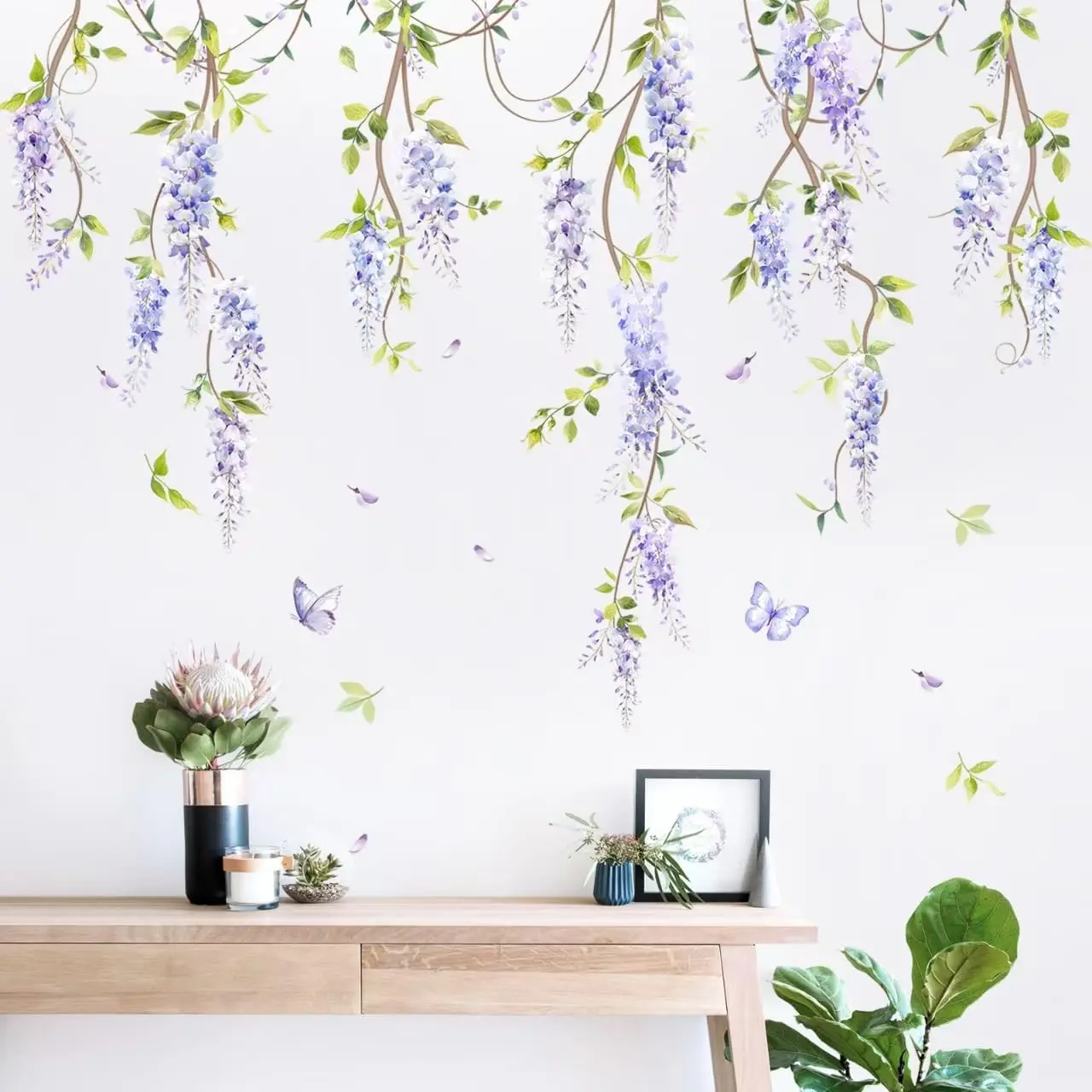 Smooth Renter-Friendly Vinyl Removable Wisteria Flower Wall Stickers - Hanging Wisteria Vine with Green Leaves, Boho Sticker Deco for Living Room, Bedroom - Home Supplies Gift for Mom
