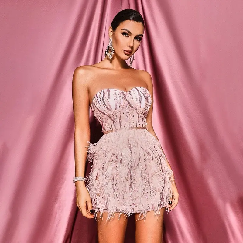 Pink Sequin Feather Mini Dress for Women - Perfect for Parties Formal