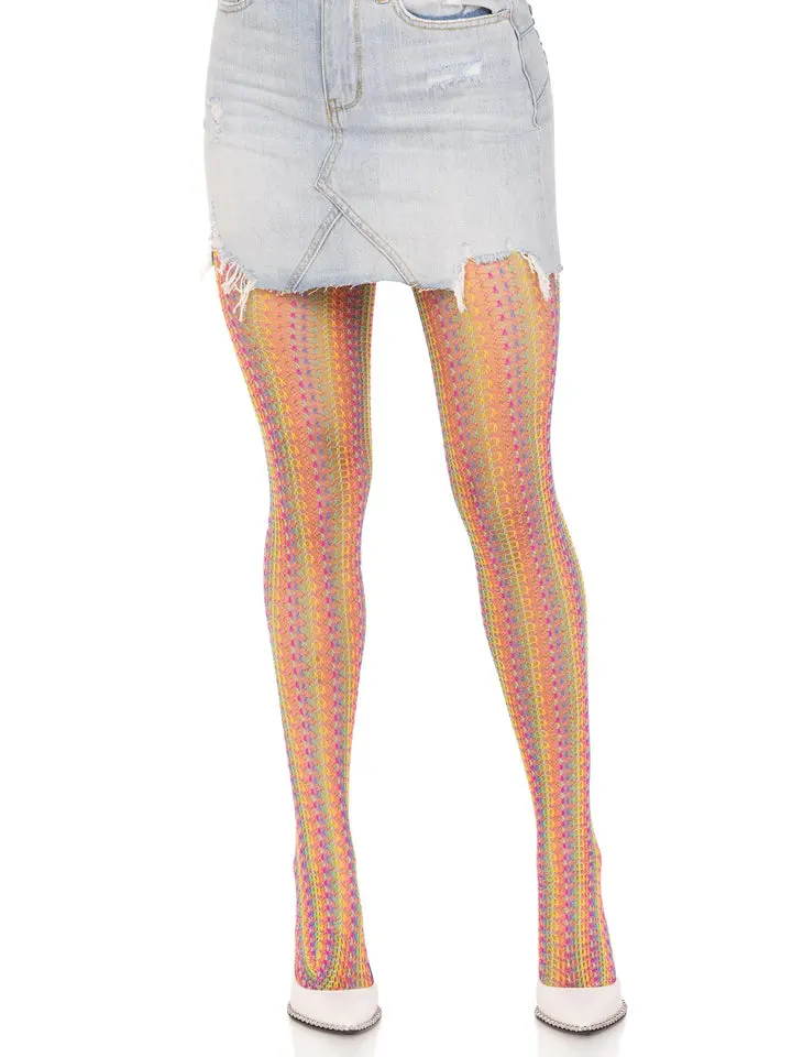 Leg Avenue Men's Rainbow Woven Crochet Fishnet Tights - Breathable, Stretchy Cute Fabric for Festival Outfits