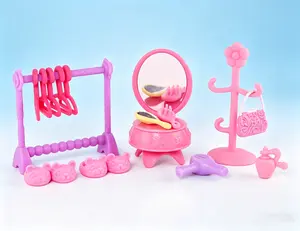 Mini Doll Vanity Dresser Accessories Set, Pink Pretend Play Makeup Dressing Room Kit with Mirror, Clothes Rack, Hangers, Handbag, Hair Dryer, Bear Slippers, Fashion Dress Up Playset for Pet Shop Dolls, Kids Girls Birthday Gift